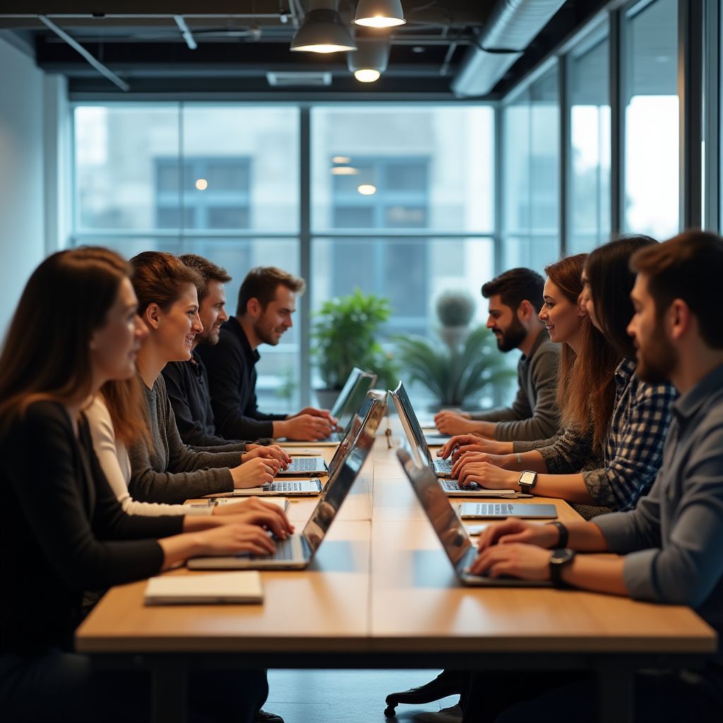 Equipo diverso de investigadores de mercado trabajando juntos